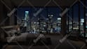 create luxury apartment in a rainy night city with rain sound