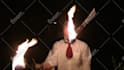 with fireworks on my head, juggle 3 fire clubs