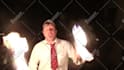 with fireworks on my head, juggle 3 fire clubs