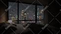 create luxury apartment in a rainy night city with rain sound