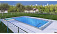 do cozy backyard design, pool, garden in 3d render