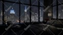 create luxury apartment in a rainy night city with rain sound