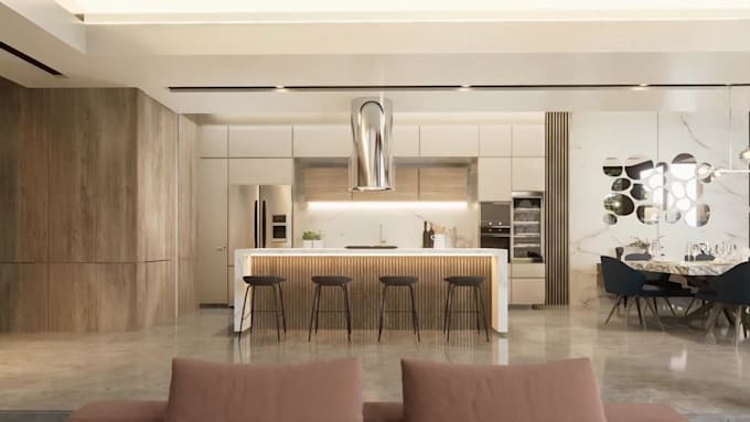 3d interior design living room, kitchen, bath and cgi render