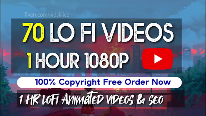 Create lofi beats 70x1hr animated chill hip hop loop videos for 