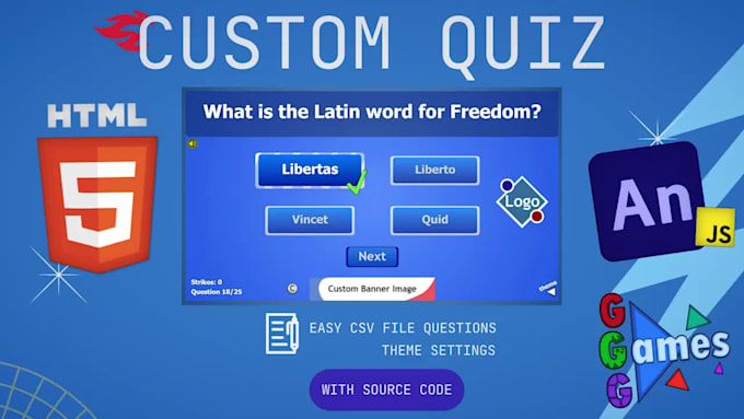 deliver ready made customizable quiz HTML5 game with adobe animate