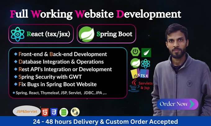 create spring boot react website, rest apis, jpa, jsp, servlet, thymeleaf, sites
