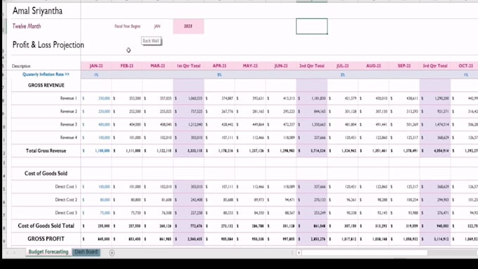create excel profit and loss projection template