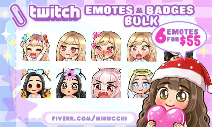 draw cute custom chibi emotes or sub badges for twitch, discord, vtuber