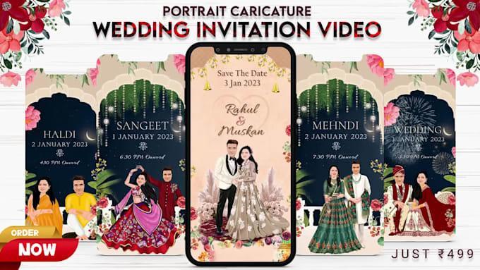 create a unique portrait caricature wedding invitation  video