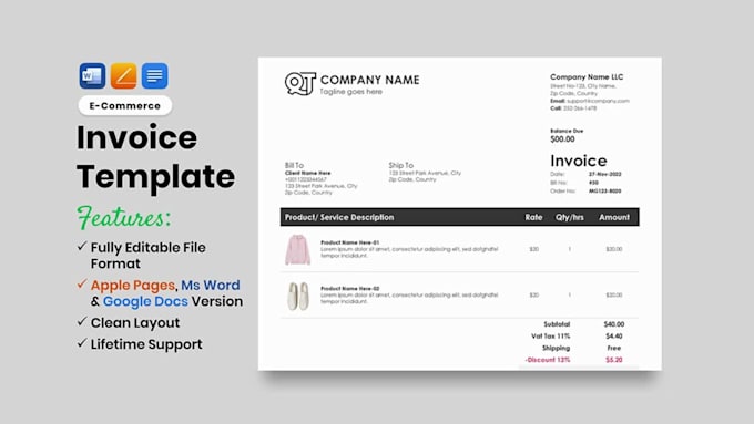design clean editable invoice in ms word apple pages google docs