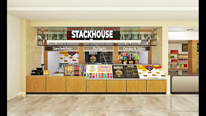 do 3d rendering of cafes, retail, restaurants, shops, kiosks