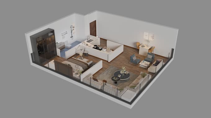 do isometric 3d floor plan, interior and exterior render