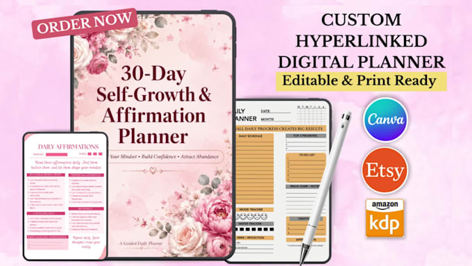 design a hyperlinked digital planner, journal for goodnotes, etsy, KDP in canva