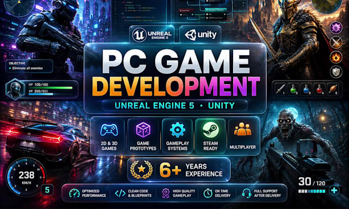 develop custom 2d or 3d PC game in unreal engine and unity