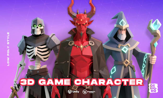 create 3d low poly character modeling, rigging and animation for game
