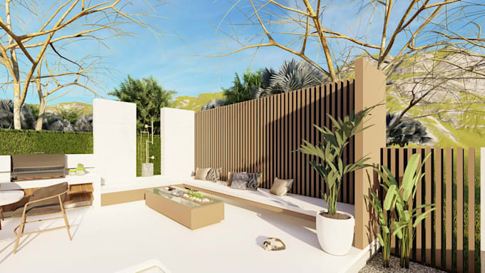 design outdoor backyard landscape, garden, pool as architect