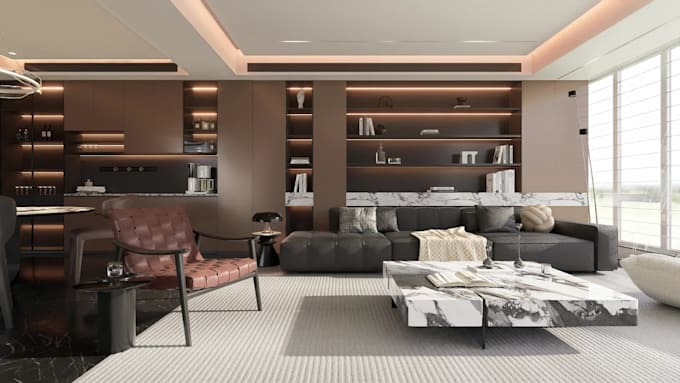 do interior design of living room, kitchen, and bathroom with 3d rendering