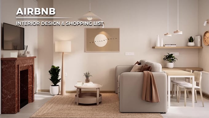 design airbnb interior, 3d rendering and shopping list