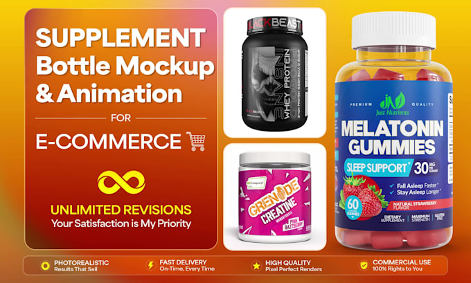 do 3d supplement bottle renders, animation and label design for amazon shopify