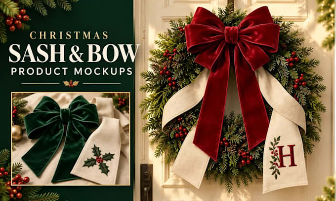 design custom christmas wreath sashes and bows with realistic mockups