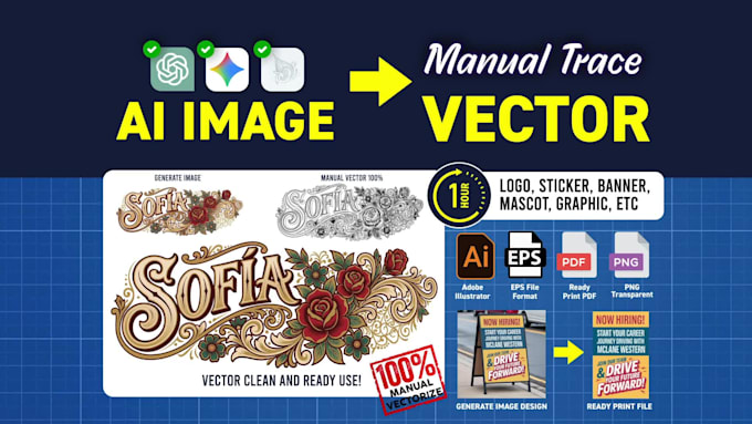 vector ai image, vector tracing ai generated logo, design, ready print in 1 hour