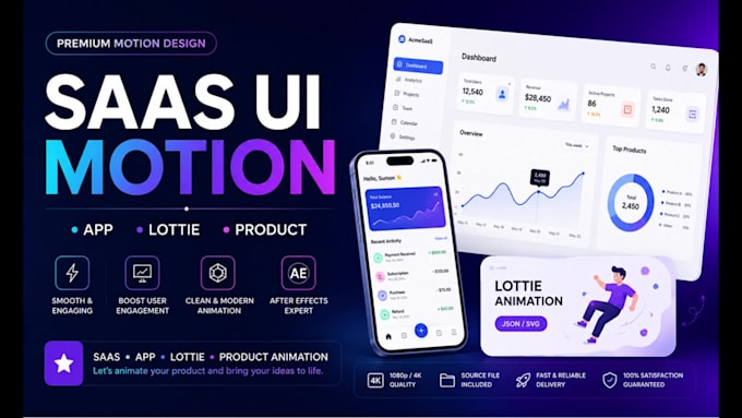 create premium saas UI animation, app motion and lottie