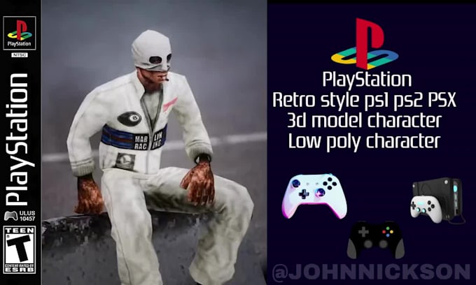 do retro 3d lowpoly character in ps1 psx ps2 style for game, music visualization