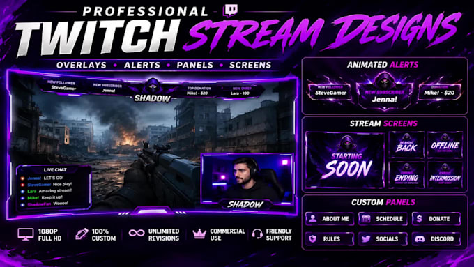 create professional animated twitch overlays and screens