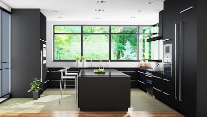 design 3d kitchen interior, render realistic modern kitchen design