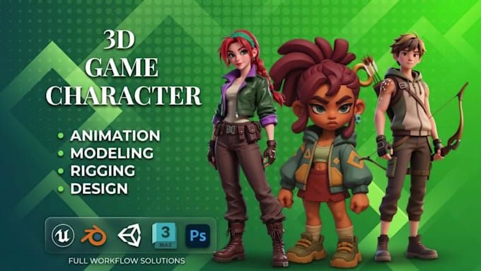 do 3d game character animation, 3d rigging character model, unreal engine, unity