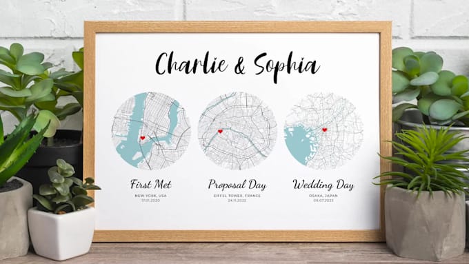 design a set of couple map poster for the first met, anniversary, wedding gift