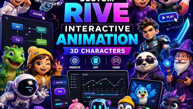 create custom rive interactive animation rive 3d character fr website, app, game