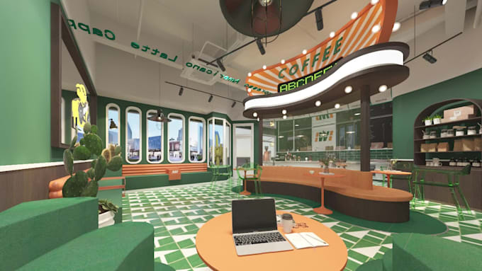 do interior design 3d render retail store, cafe, restaurant, coffee shop