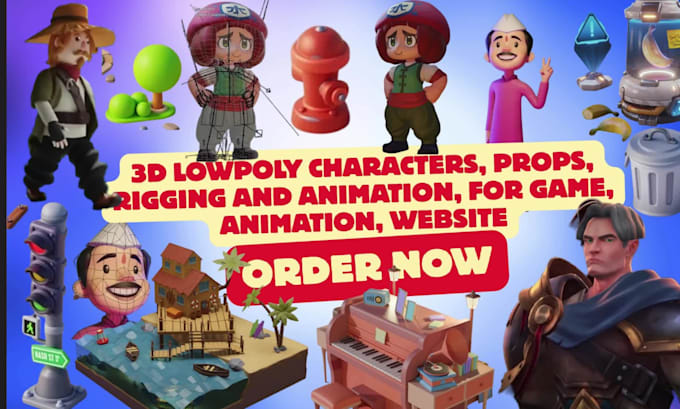 make lowpoly 3d character, props, rigging animation for game, website in blender