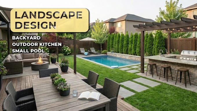 design backyard landscape, pool, patio, outdoor kitchen