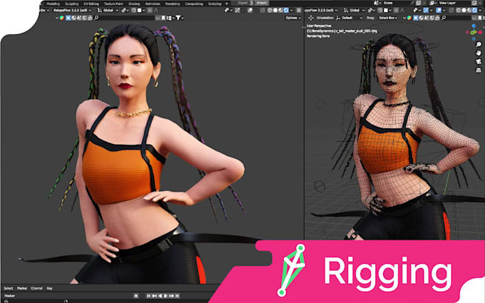 3d character rigging for game, animation on blender