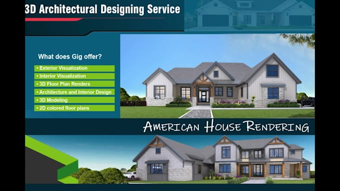 do high quality exterior 3d architectural render for US residential plan