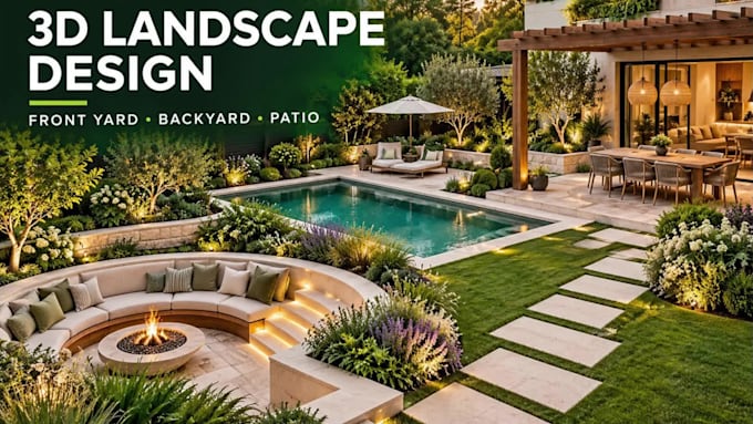 create 3d landscape design, backyard, patio and pool rendering