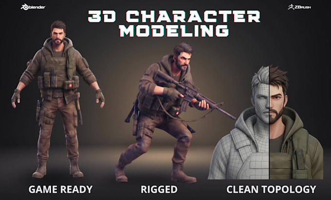 do 3d game character, 3d character modeling, 3d sculpting and low poly 3d model