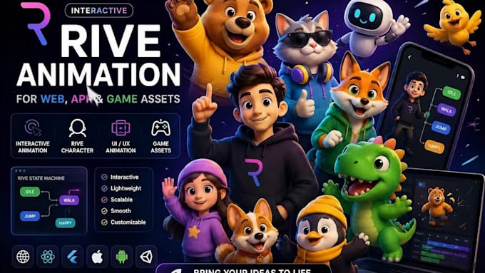 create interactive rive animation rive character ui for web, app or game assets
