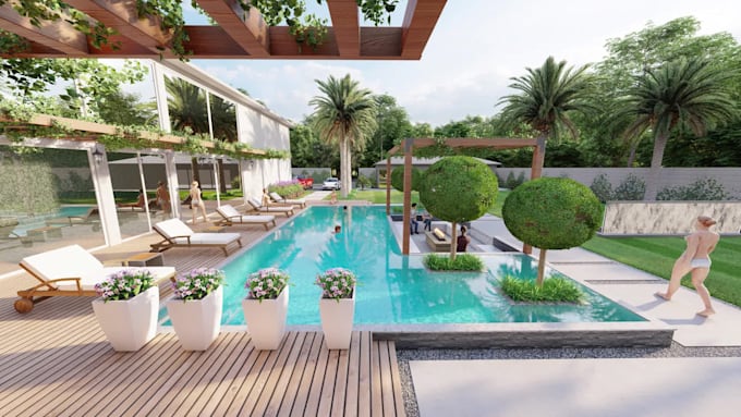 Do landscape design, garden design, backyard, swimming pool and render ...
