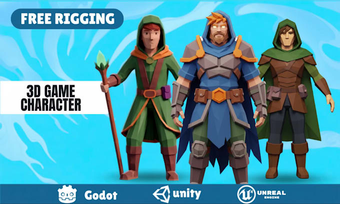 model 3d low poly game characters with rigging for unity and unreal engine