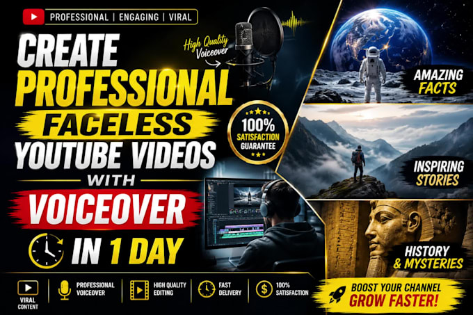 create professional faceless youtube videos with voiceover in 1 day
