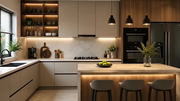 create detailed kitchen 2d floor plans, 3d layouts and realistic render