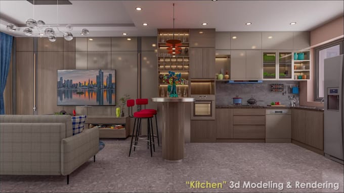 create a realistic 3d kitchen interior design and rendering