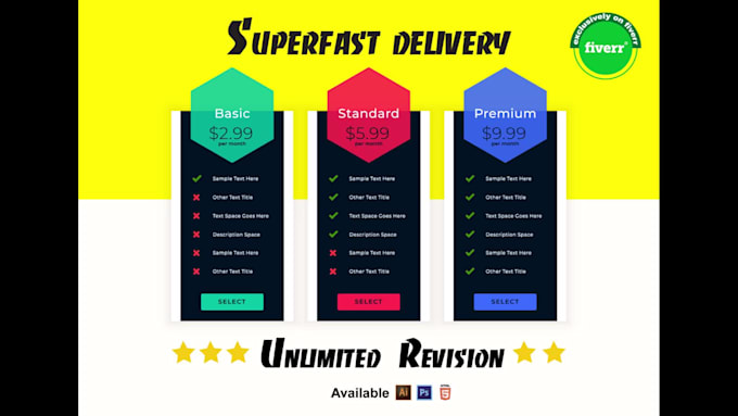 design a pricing list table, menu, chart, figure, diagram