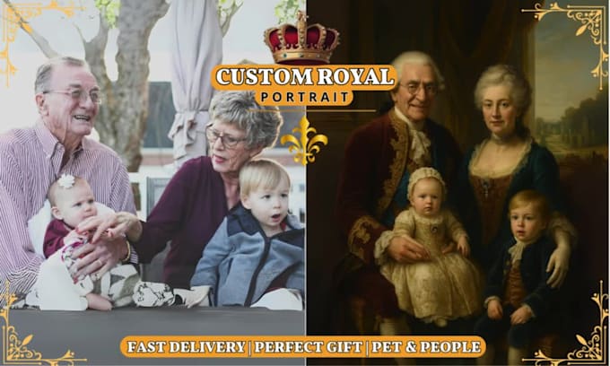 create a custom royal portrait of you, your family, or your pet