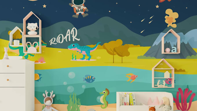 draw colourful wall mural for kids room