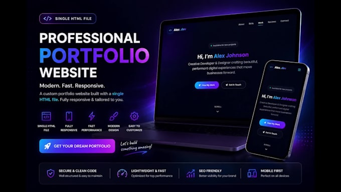 create a single page HTML portfolio website for developers and freelancers