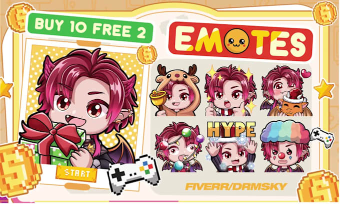 draw twitch emotes, chibi emotes vtuber, animated emotes, for stream